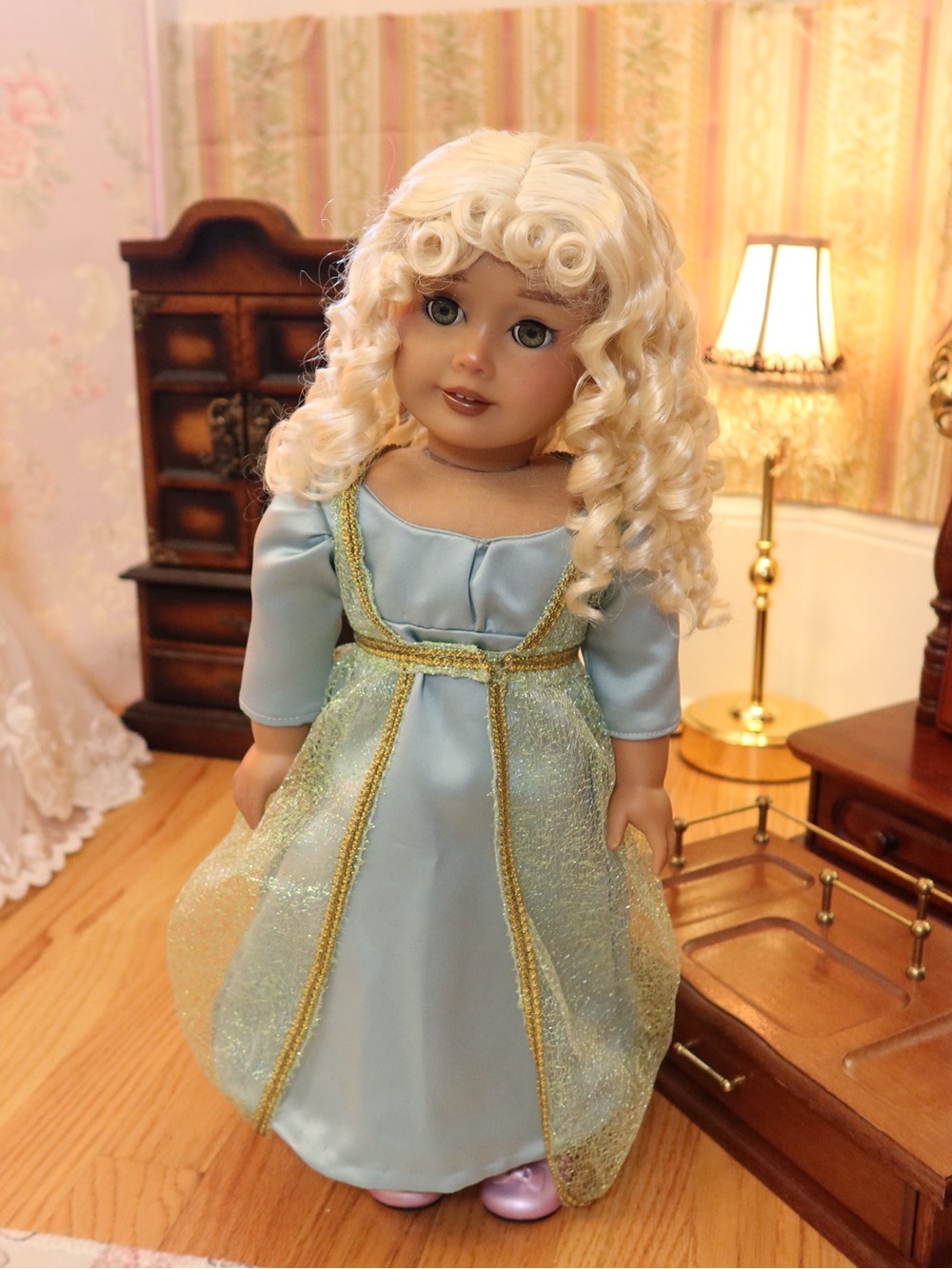 18 Inch American Girl Doll Edwardian Blue Gown with Golden Cape